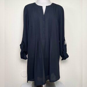 DR2 Black Splitneck Pleated Button Long Tunic Blouse w/ Tab Roll Sleeves Large